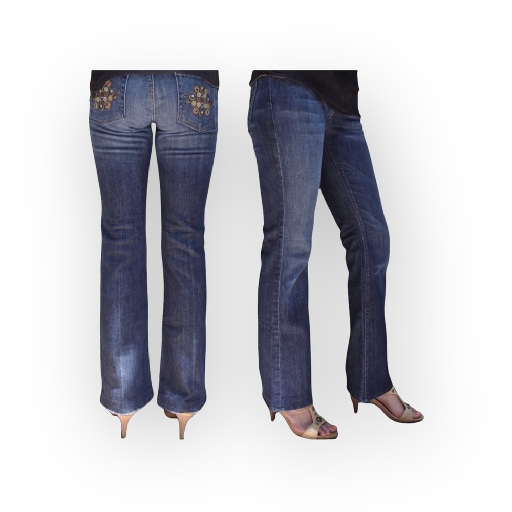 new 7 For All Mankind® ☯︎︎ Gold Medallion Embroidered Bootcut Jeans ☯︎︎ NY Dark - Picture 2 of 16